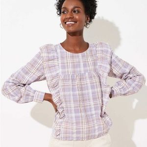LOFT ruffled long sleeve plaid blouse